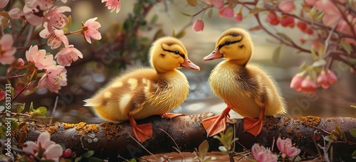 Easter background: Two yellow fluffy ducklings sitting on a log in a spring garden with blooming flowers photo