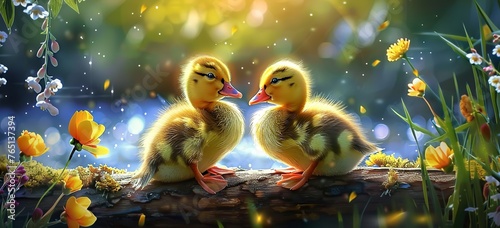 Easter background: Two yellow fluffy ducklings sitting on a log in a spring garden with blooming flowers