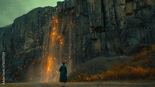 a man standing in front of a waterfall with fireflies coming out of the side of it on a cloudy day.