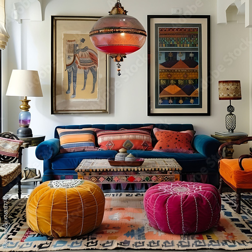 Bohemian chic living room featuring a colorful velvet sofa, eclectic mix of vintage chairs, and a Moroccan pouf.