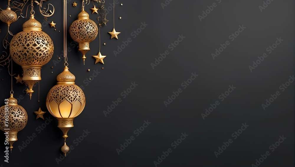 ramadan decor on black background with copy space, space for text and design 