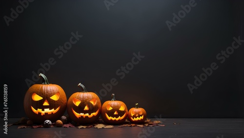 halloween pumpkins on black background with copy space, space for text and design, holiday concept 