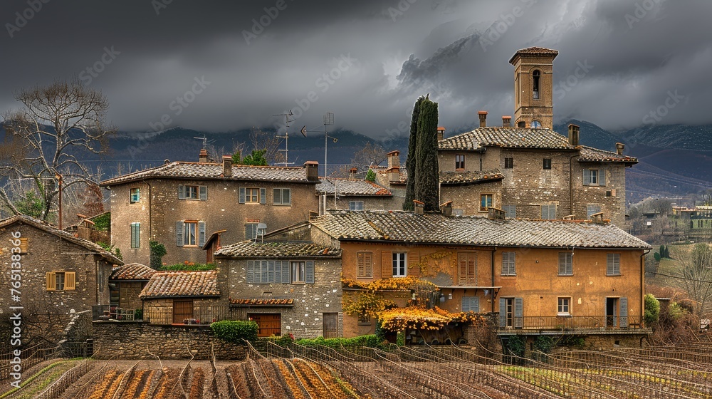 a row of houses with a cloudy sky in the back ground and mountains in the back ground in the background.