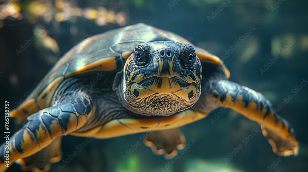 Close-up of beautiful Amazon Turtle in a body of water. Amazing rainforest Wildlife. Close-up of beautiful Amazon Turtle in a body of water. Amazing rainforest Wildlife.