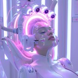 A futuristic concept of a woman undergoing facial enhancement with a sophisticated, light-emitting machine
