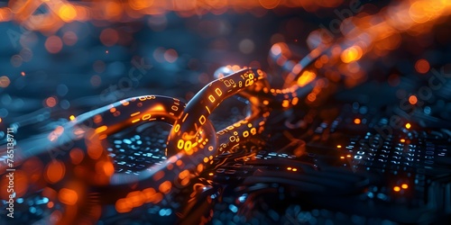 Closeup of Illuminated Digital Blockchain Links on Dark Background Representing Secure Data Transfer Encryption. Concept Technology, Blockchain, Digital Security, Encryption, Data Transfer photo