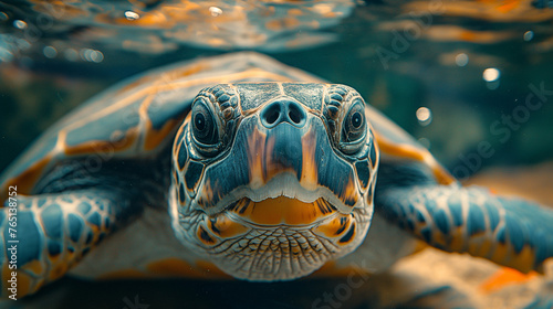 Close-up of beautiful Amazon Turtle in a body of water. Amazing rainforest Wildlife. © UDVStock