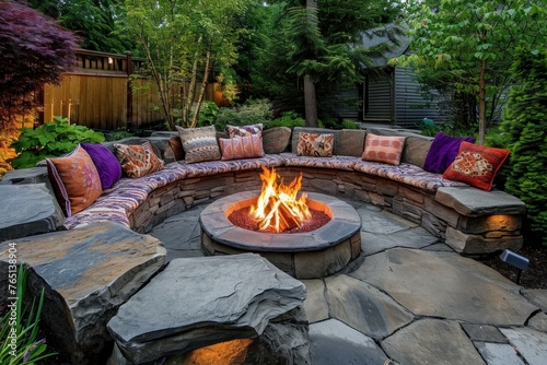 Atmospheric Fire pit outdoor. Deck night. Generate Ai photo