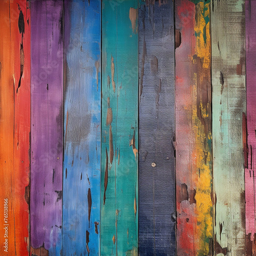 weathered reclaimed boatwood in a spectrum of rainbow colours red сreated with Generative Ai photo