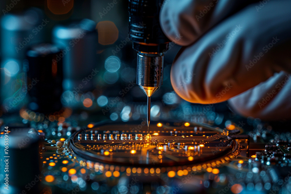 close-up of a precision tool applying liquid onto a glowing circuit board