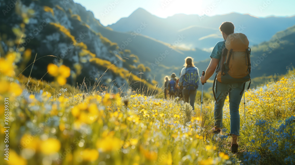 Golden Hour Trekking: Group of Friends Enjoying a Mountain Hike Amongst Wildflowers