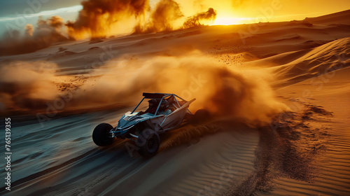 A dune buggy speeds through a desert at sunset, kicking up sand.