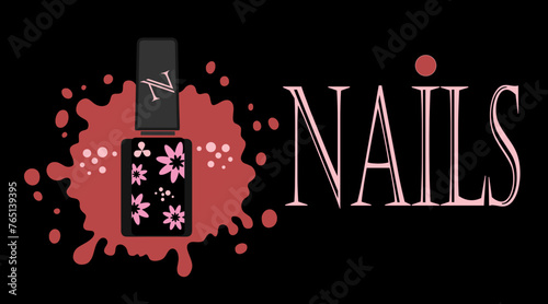 Nails is a business card for a manicurist. A bottle of varnish on a background of red splashes. Vector.