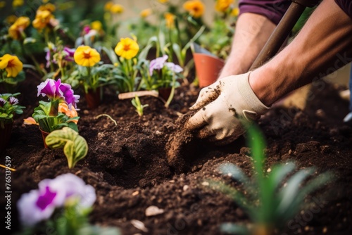 A photo from first person tending to a garden, planting new flowers and vegetables showing hands digging into soil with a trowel 