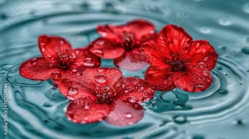 a group of red flowers floating on top of a body of water with drops of water on top of them.