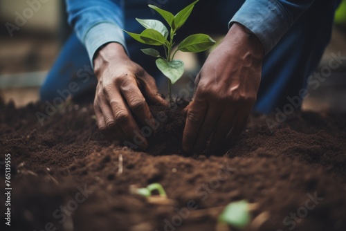 A photo from first person tending to a garden, planting new flowers and vegetables showing hands digging into soil with a trowel 