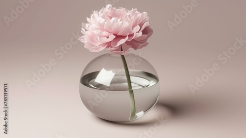 a pink flower in a glass vase with a white base and a pink flower in the middle of the vase. photo