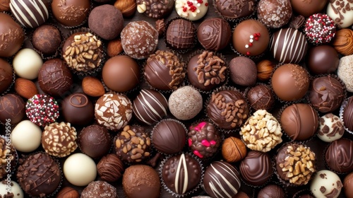a pile of assorted chocolates with nuts and sprinkles on the top of the chocolates.