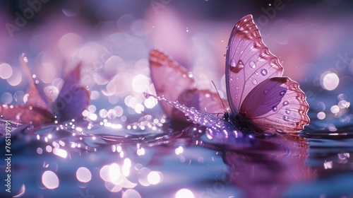 a close up of a butterfly on a body of water with drops of water around it and a blurry background.
