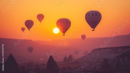 a group of hot air balloons flying in the sky over a mountain range at sunset with the sun in the distance.