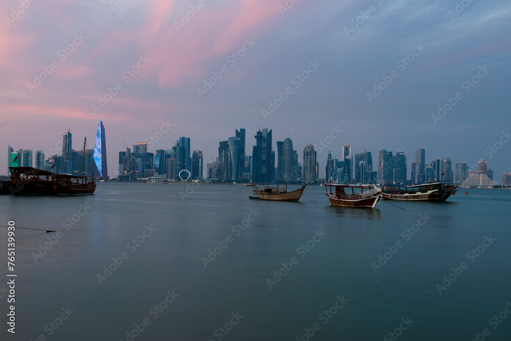 A view of Doha Towers during sunset, taken from Doha Corniche 