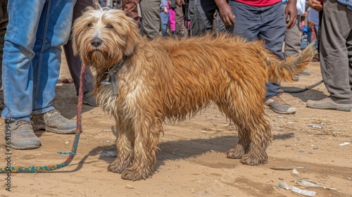 a shaggy brown dog standing on top of a dirt field next to a person wearing blue jeans and a red shirt. photo