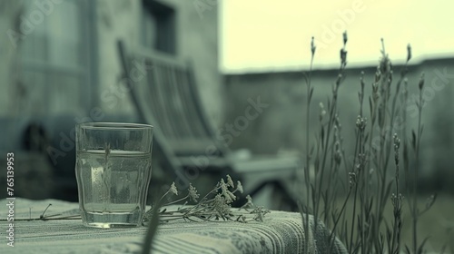 a glass of water sitting on top of a table next to a chair and a tablecloth on a table. photo