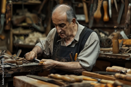 Carpenter in the workshop at work, an elderly man