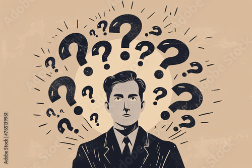 Man in suit surrounded by question marks