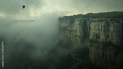 a hot air balloon flying over a cliff in the middle of a foggy, rocky area with trees on the side of the cliff. photo