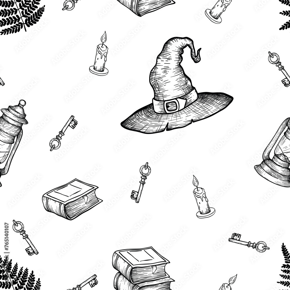 custom made wallpaper toronto digitalVector seamless pattern with magical elements such as hat, owl, books, mushrooms, fern, owl. Can be used to design packaging paper, textiles, etc.