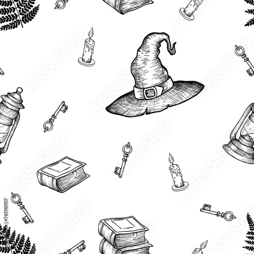 Vector seamless pattern with magical elements such as hat, owl, books, mushrooms, fern, owl. Can be used to design packaging paper, textiles, etc.