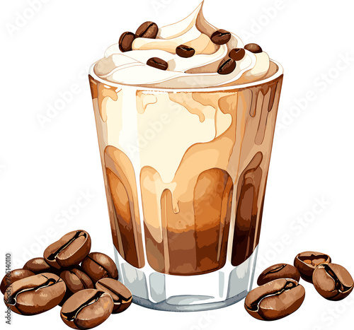 Iced coffee trifle shot and coffee beans isolated illustration, watercolor art design element for drink, coffee shop, iced coffee cocktail, iced mocha trifle, latte, diabetes, health, summer, logo  photo
