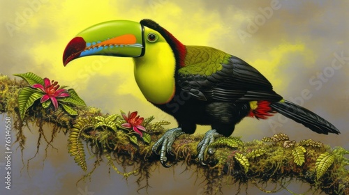 a painting of a toucan bird sitting on a tree branch with a cloudy sky in the back ground.