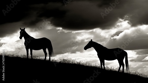 a black and white photo of two horses standing on a hill under a cloudy sky with dark clouds in the background.