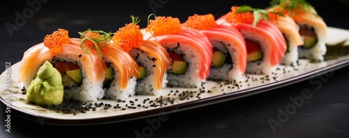 Sushi pieces on plate in luxury reataurant, food banner. Generative Ai