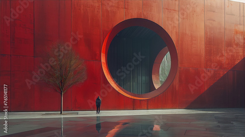 A lonely person standing in front of a large red wall with a circular cutout window. photo