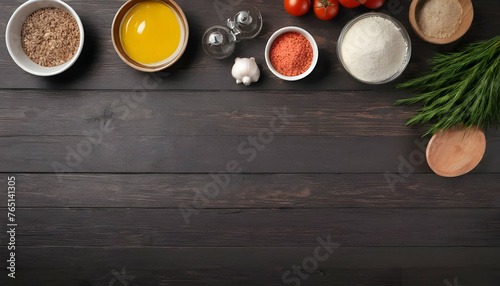 Composition with ingredients for cooking over wooden background. Top view with copy space
