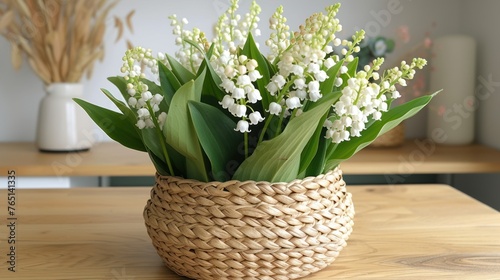 a basket filled with white flowers sitting on top of a wooden table next to a vase with flowers in it. photo