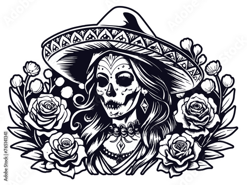 Mexican retro old school woman sugar skull in sombrero for chicano tattoo outline. Monochrome line art, ink tattoo. Female skull in a sombrero, surrounded by roses, celebrating dia de los muertos