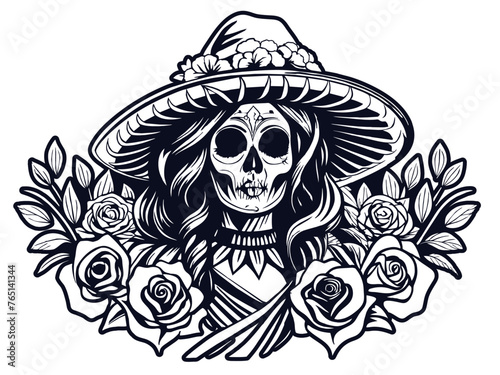 Mexican retro old school woman sugar skull in sombrero for chicano tattoo outline. Monochrome line art, ink tattoo. Striking black and white female sugar skull with a decorative sombrero and roses