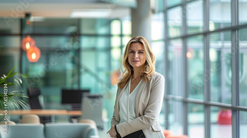 HR professional in a modern corporate office surrounded by glass walls and minimalist furniture.