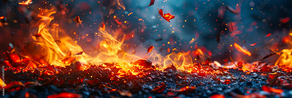 Intense Fire Burning Wood at Night, Dangerous Flames and Heat, Abstract Fire Background Intense Fire Burning Wood at Night, Dangerous Flames and Heat, Abstract Fire Background