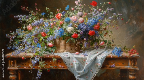 a painting of a basket of flowers sitting on a table with a cloth draped over the top of the basket. photo