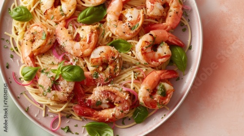 a plate of pasta with shrimp and spinach garnished with parmesan and red onion garnish.