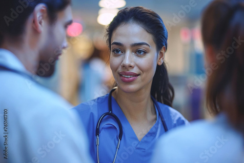 A woman doctor in a blue scrubs is smiling while discussing with two colleague in the hospital corridor. Concept of healthcare and teamwork.