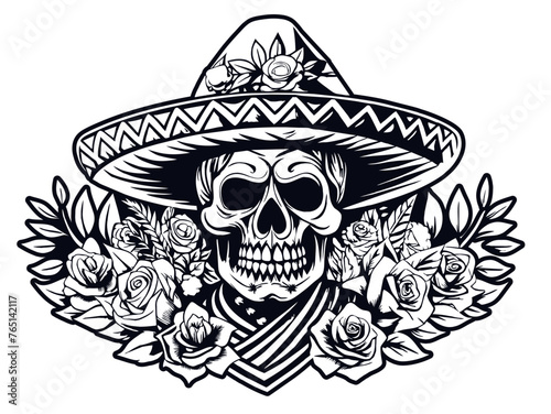 Mexican retro old school sugar skull in sombrero for chicano tattoo outline. Monochrome line art, ink tattoo. Black and white illustration of a decorative skull with a sombrero surrounded by roses