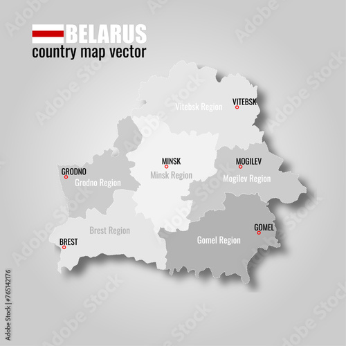 Republic of Belarus country map vector with districts, regions and cities: minsk, brest, grodno, vitebsk, mogilev, gomel	