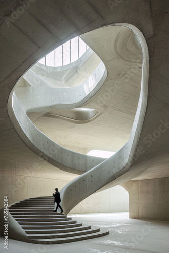 Futuristic interior space with spiral staircase and curved concrete walls in brutalist style