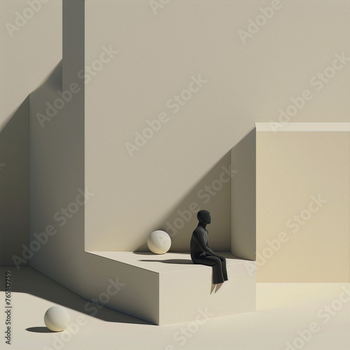 3D rendering of a faceless human figure sitting on a podium in a beige room with simple geometric shapes, with a minimalist style  photo